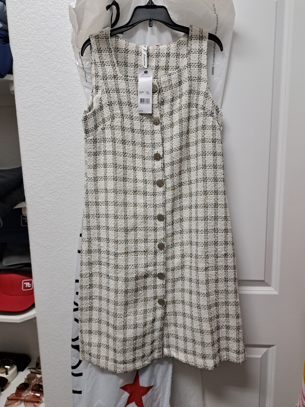 NY Collection Cream and Gray Plaid Tweed Long Coat, Great for the office.